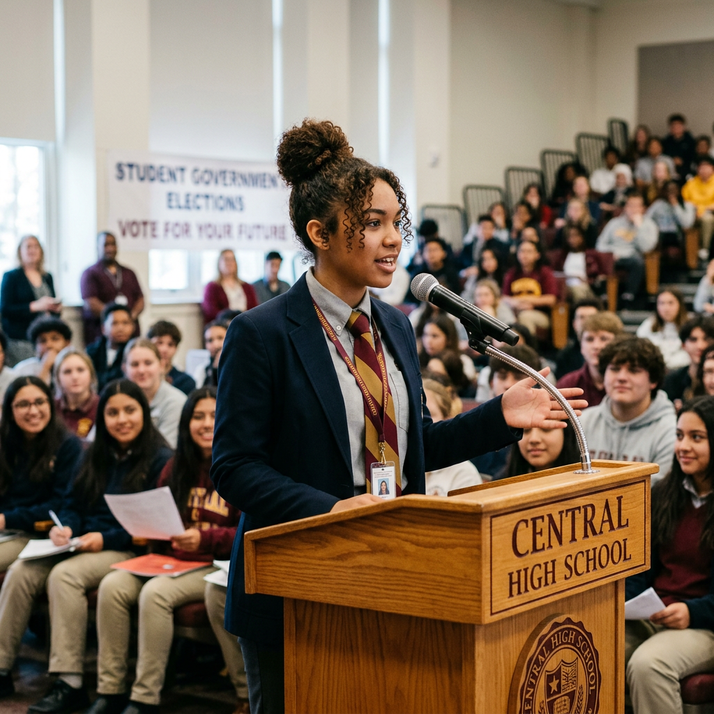Student speaking at a podium during Central High School elections