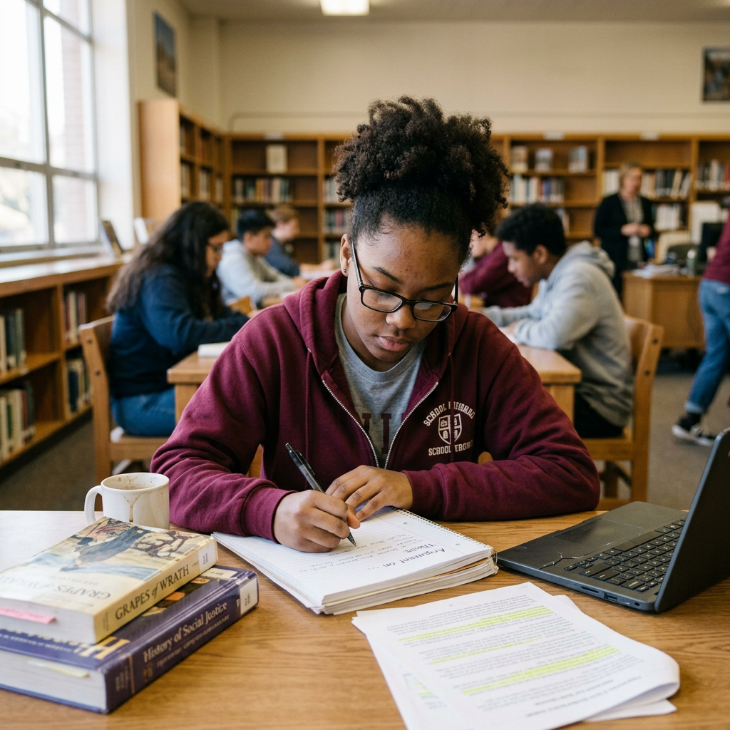Student writing notes at a library table with books and laptop