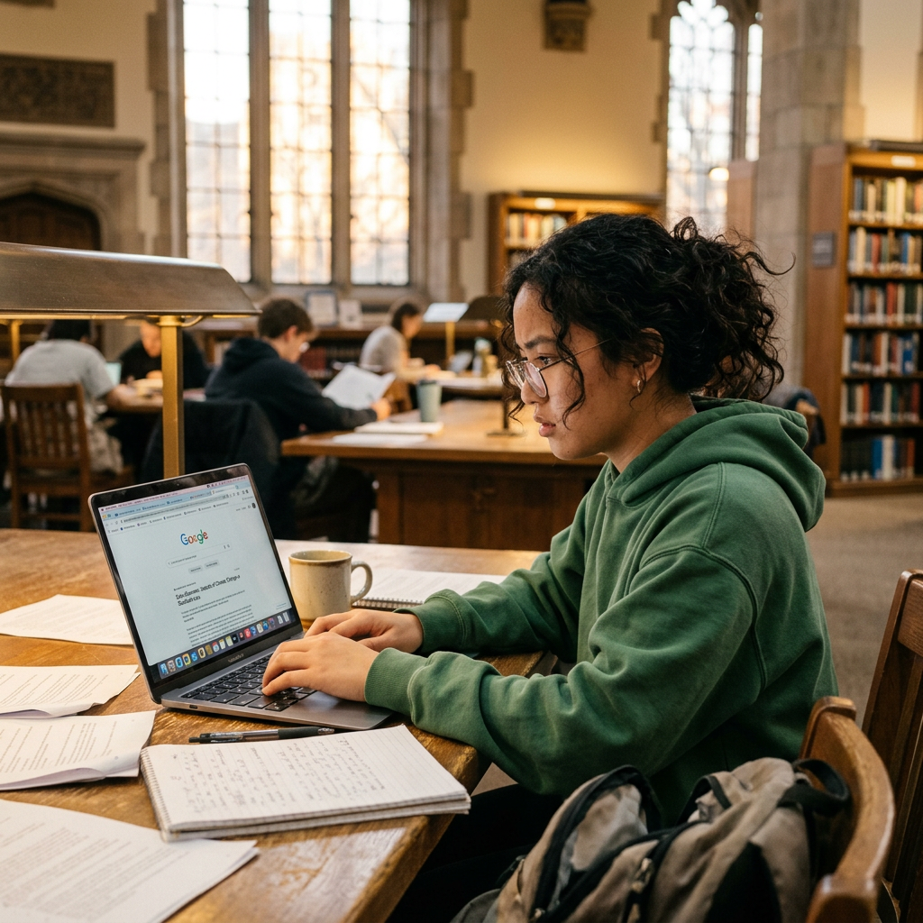 Student using a laptop at a library table with books and notes