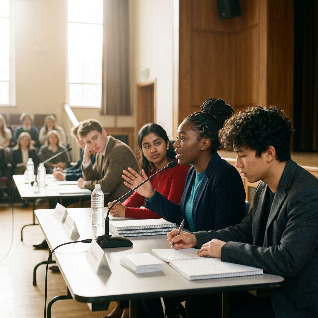 Students seated at a panel table as one speaks into a microphone