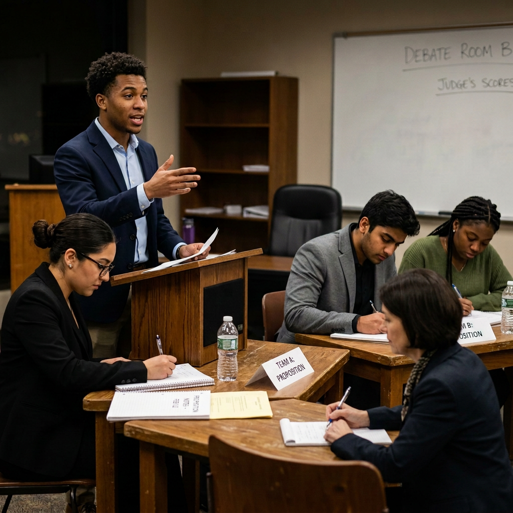 Student speaking at debate podium while teams take notes