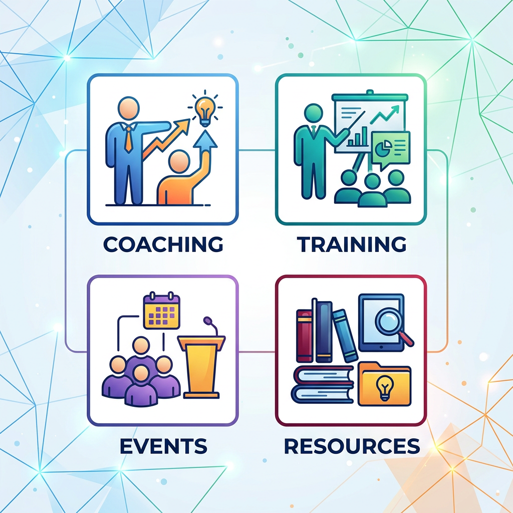 Graphic labeled COACHING, TRAINING, EVENTS, and RESOURCES with professional development illustrations